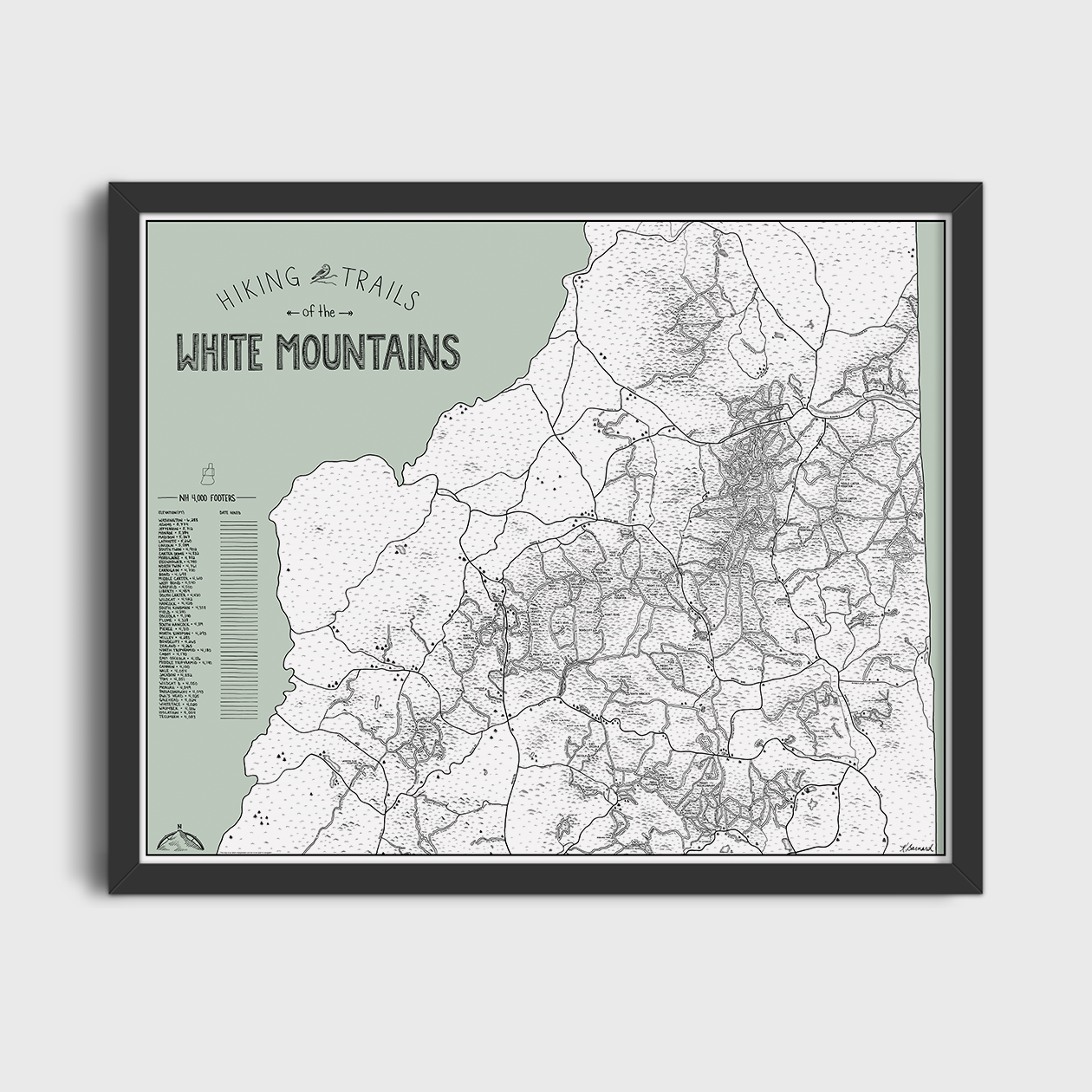 White Mountains New Hampshire Color Your Hike Trail Map